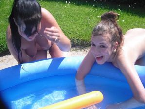 three girlfriends sunbathe in the yard with bare breasts. Part 2. Thumb 11